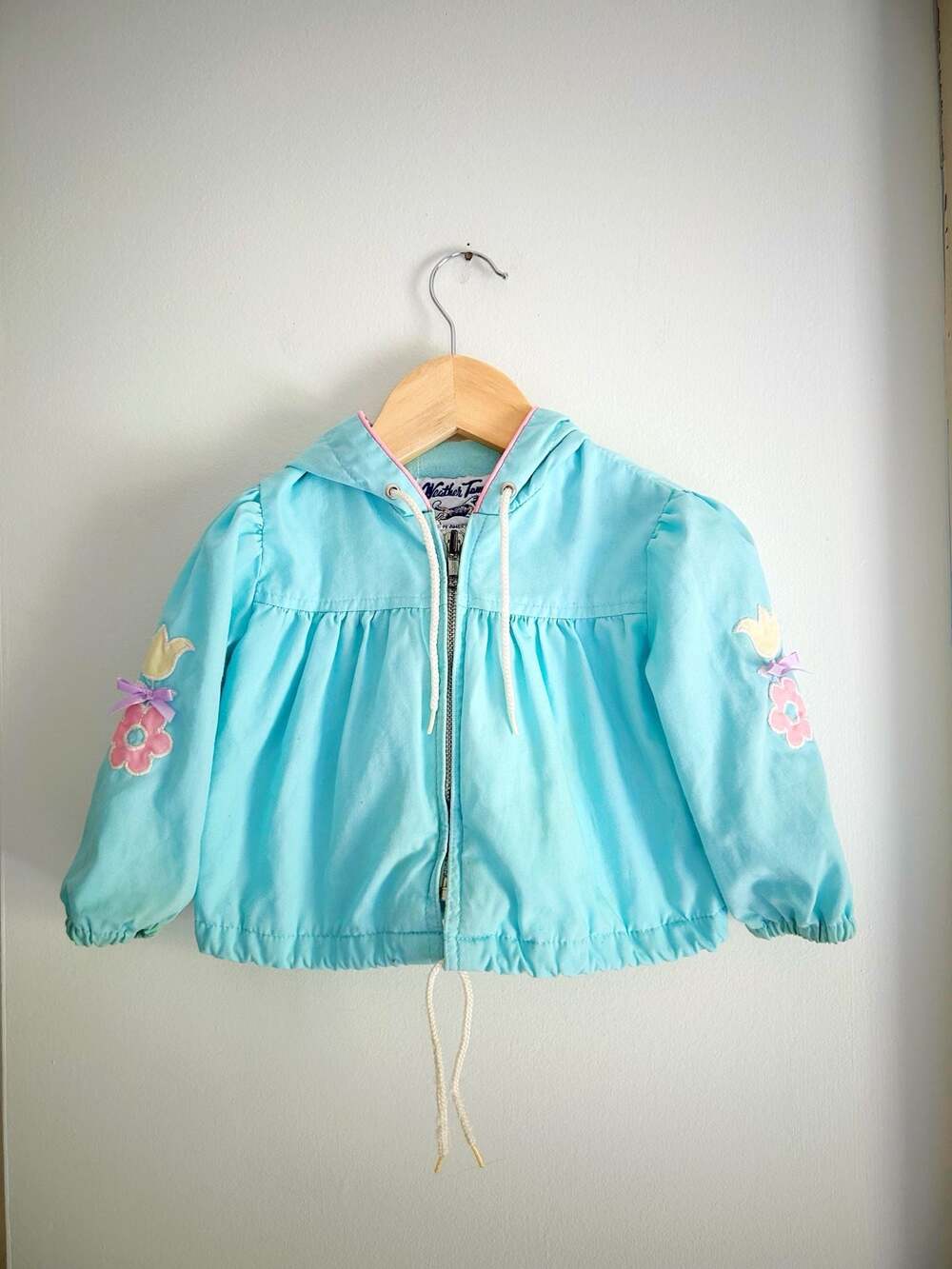 Weather Tamer Vintage Girls Blue Hooded Jacket with Floral Embroidery